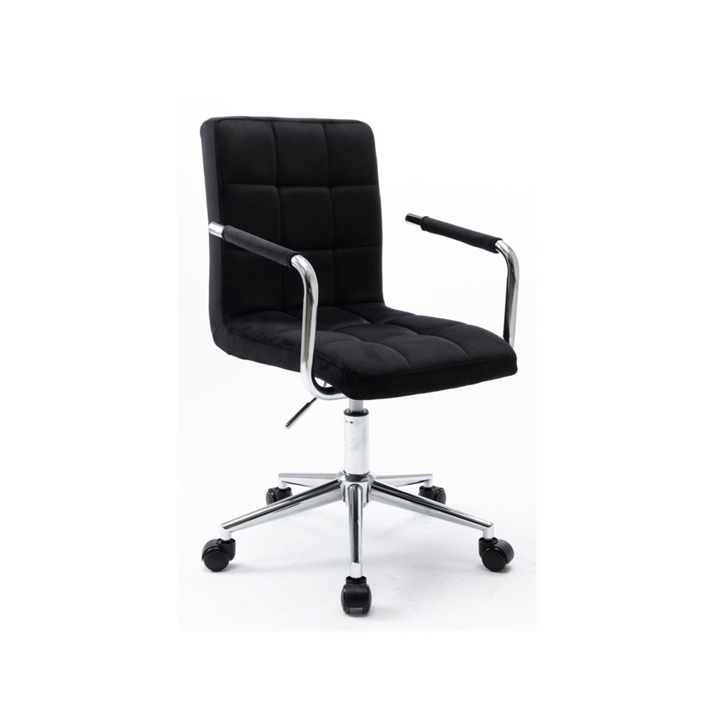 Scaun de birou rotativ, catifea neagra, reglabil pe inaltime, cu cotiere si roti, baza cromata