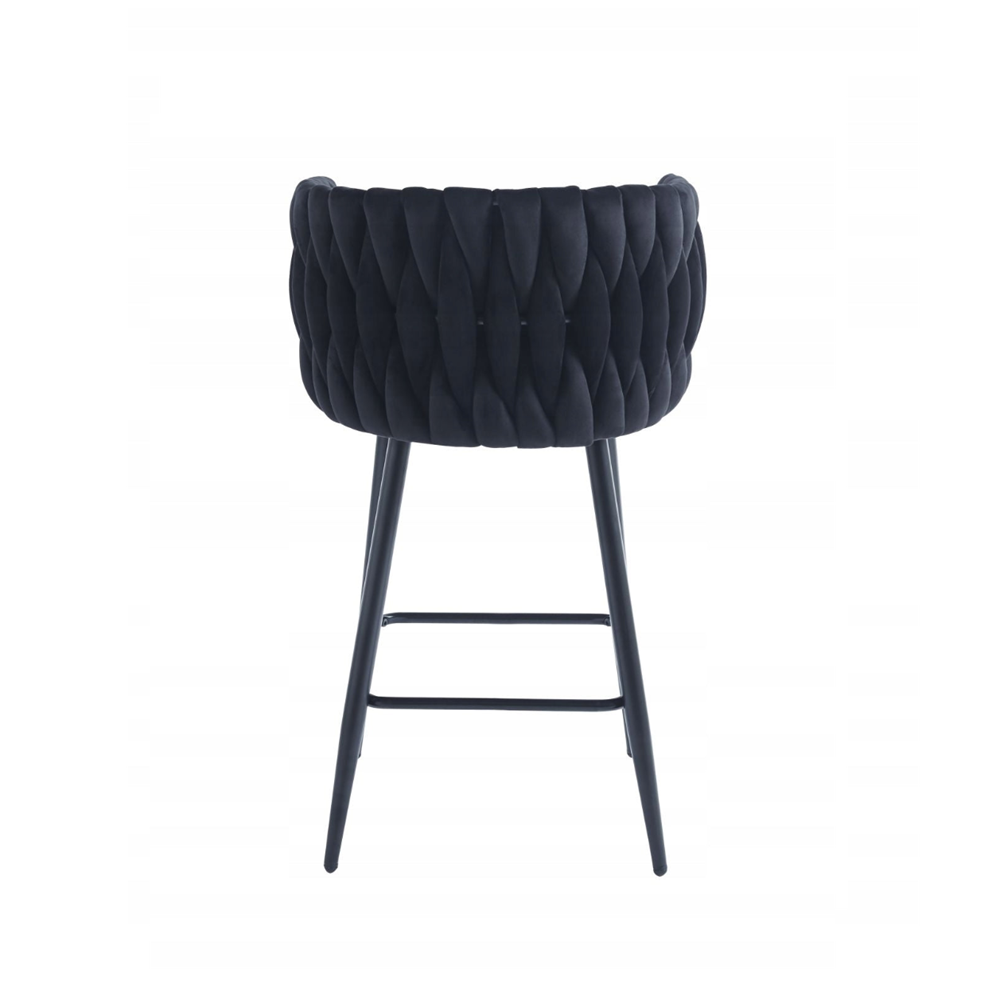 Scaun de bar (hoker), catifea/velur neagra, spatar impletit, cadru metalic negru, 64 cm