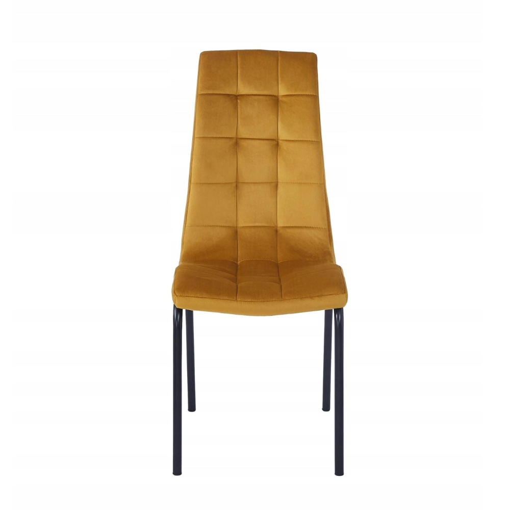 Scaun tapițat, catifea velvet curry, picioare metalice negre, stil scandinav, înălțime 102 cm, șezut 49 cm