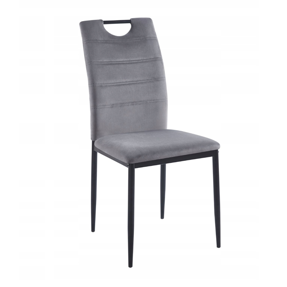 Scaun tapitat din catifea velvet gri, picioare metalice negre, cu maner pe spatar, pentru living/birou, 92 cm