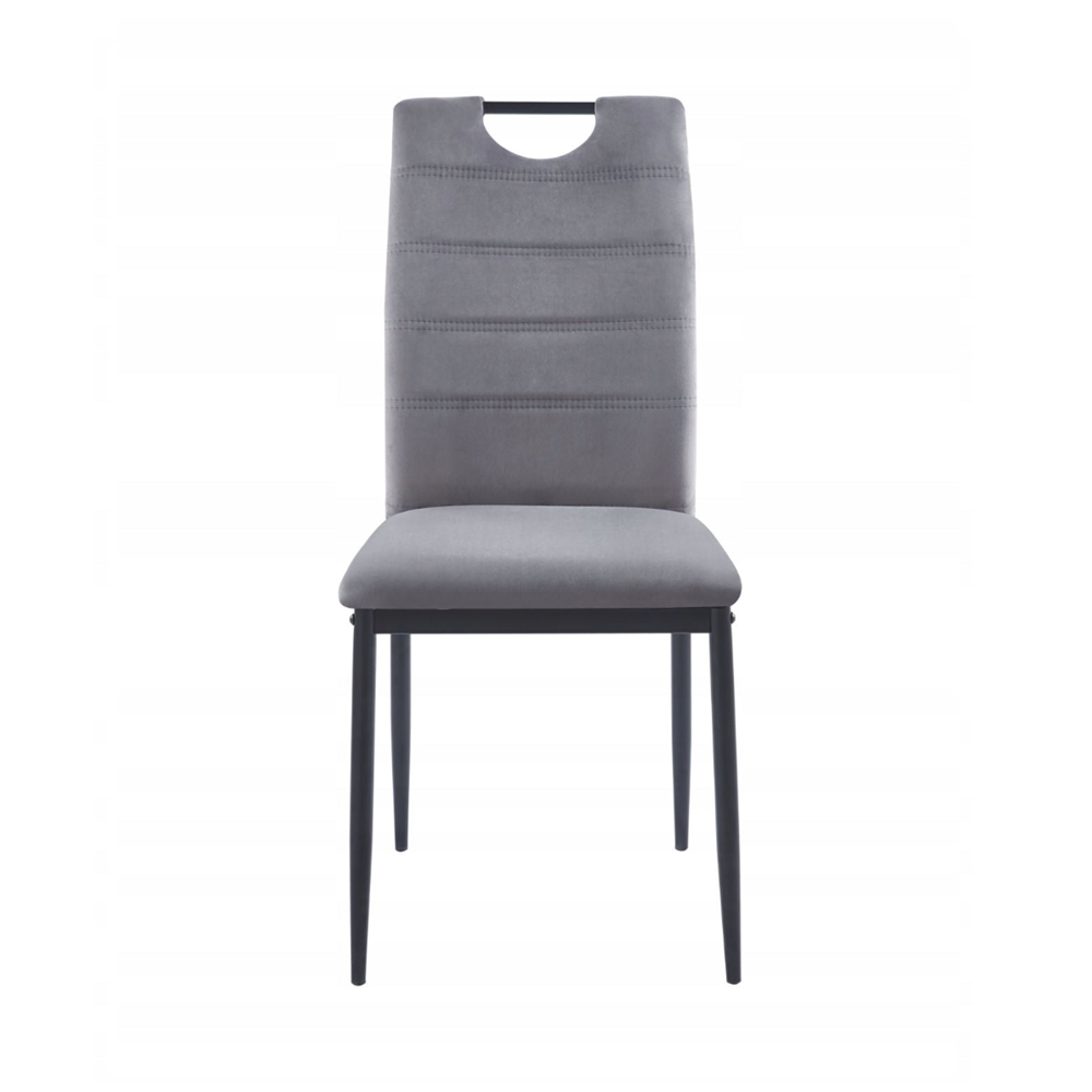 Scaun tapitat din catifea velvet gri, picioare metalice negre, cu maner pe spatar, pentru living/birou, 92 cm