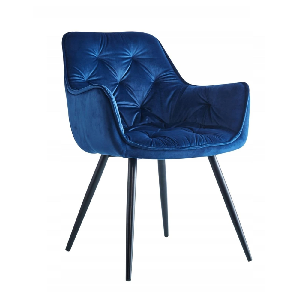 Scaun tapitat din catifea albastra, spatar matlasat, picioare metalice negre, pentru living și dining, 83 cm