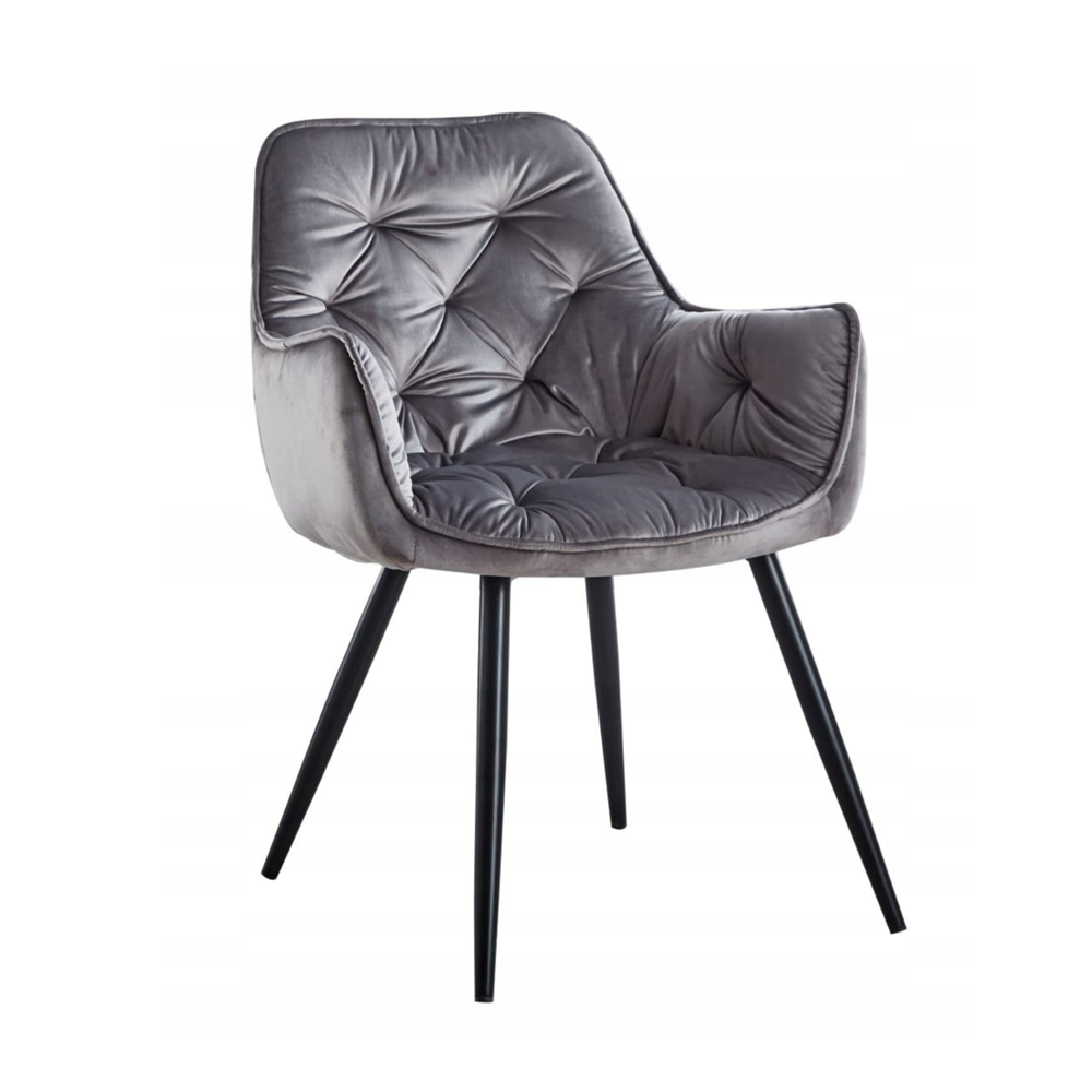 Scaun tapitat din catifea gri, spatar matlasat, picioare metalice negre, pentru living și dining, 83 cm