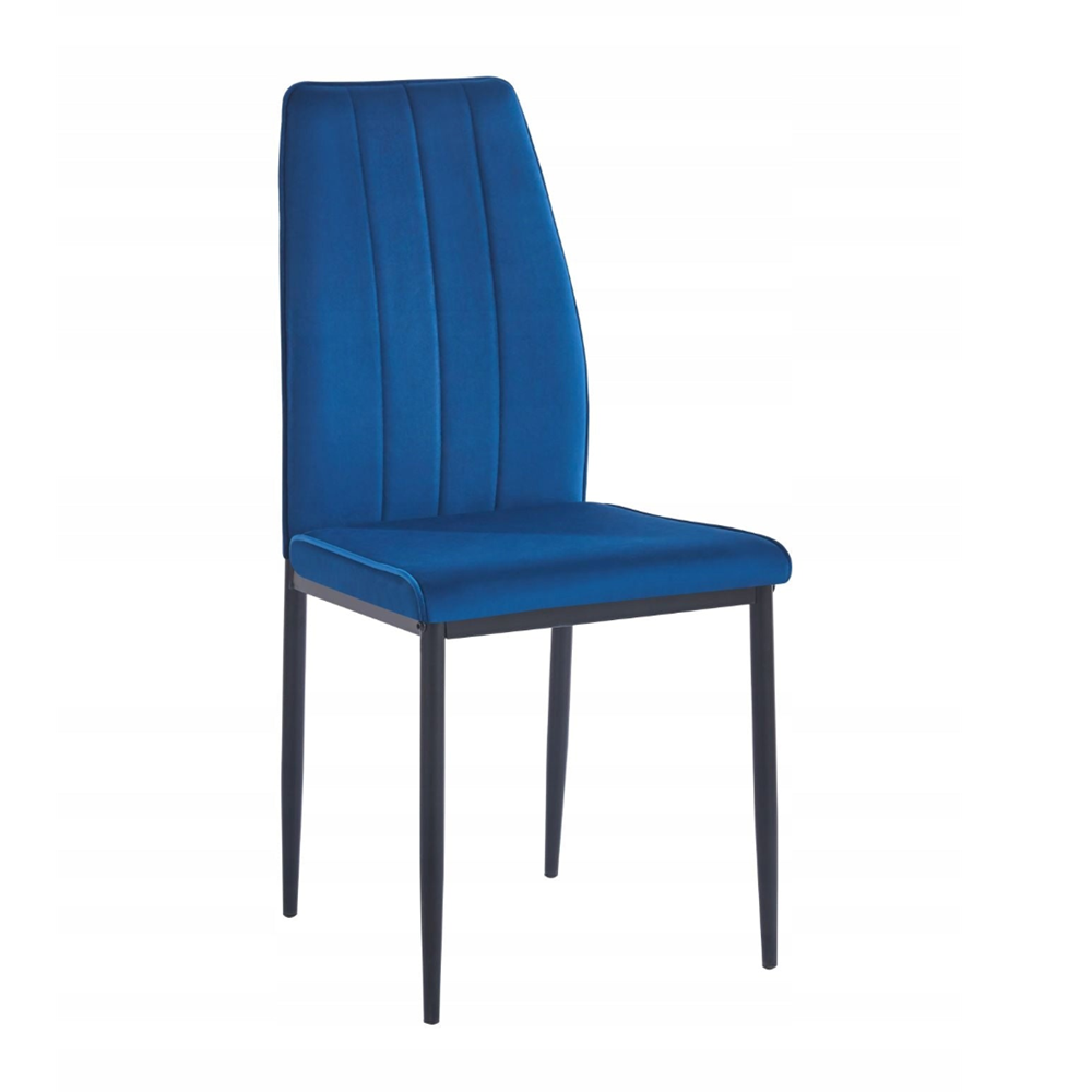 Scaun tapitat din catifea albastra, picioare metalice negre, pentru dining/sufragerie/birou, 92 cm