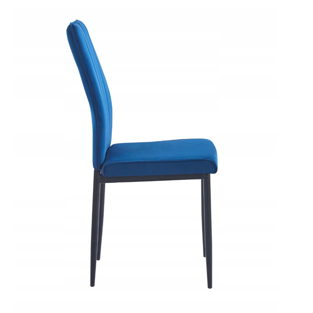 Scaun tapitat din catifea albastra, picioare metalice negre, pentru dining/sufragerie/birou, 92 cm