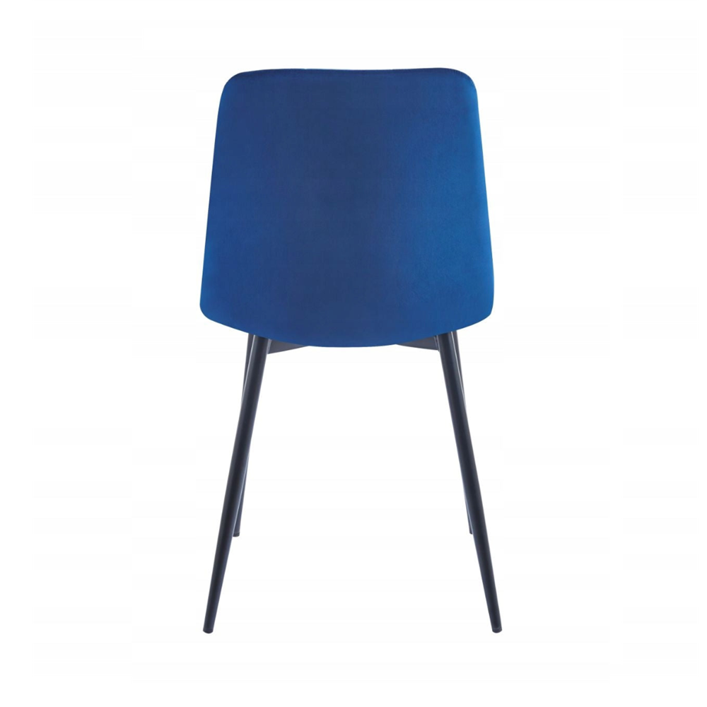 Scaun tapitat din catifea albastra, spatar matlasat, picioare metalice negre, pentru dining/birou, 87 cm