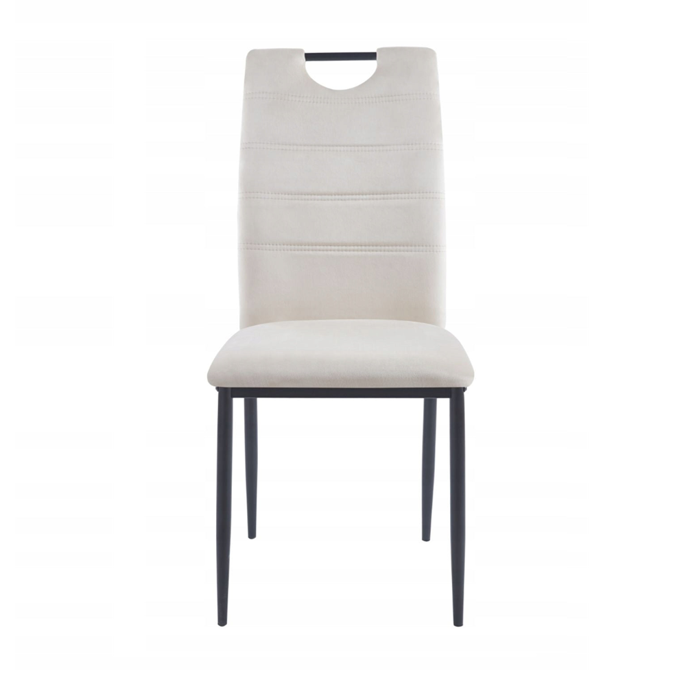 Scaun tapitat din catifea bej deschis, cu maner pe spatar, picioare metalice negre, pentru living/birou, 92 cm