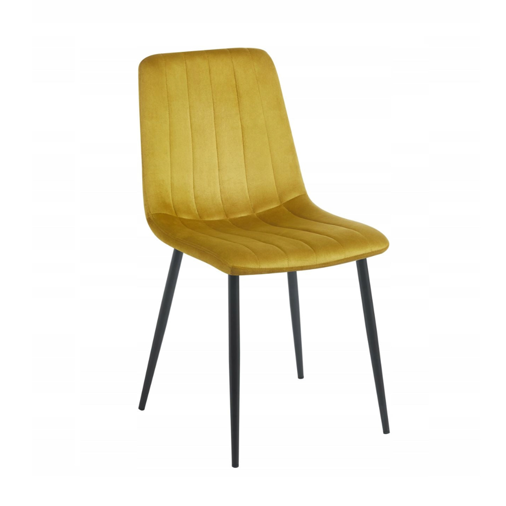 Scaun de dining, tapitat cu catifea velvet culoare curry, picioare metalice negre, stil modern glamour, 87 cm