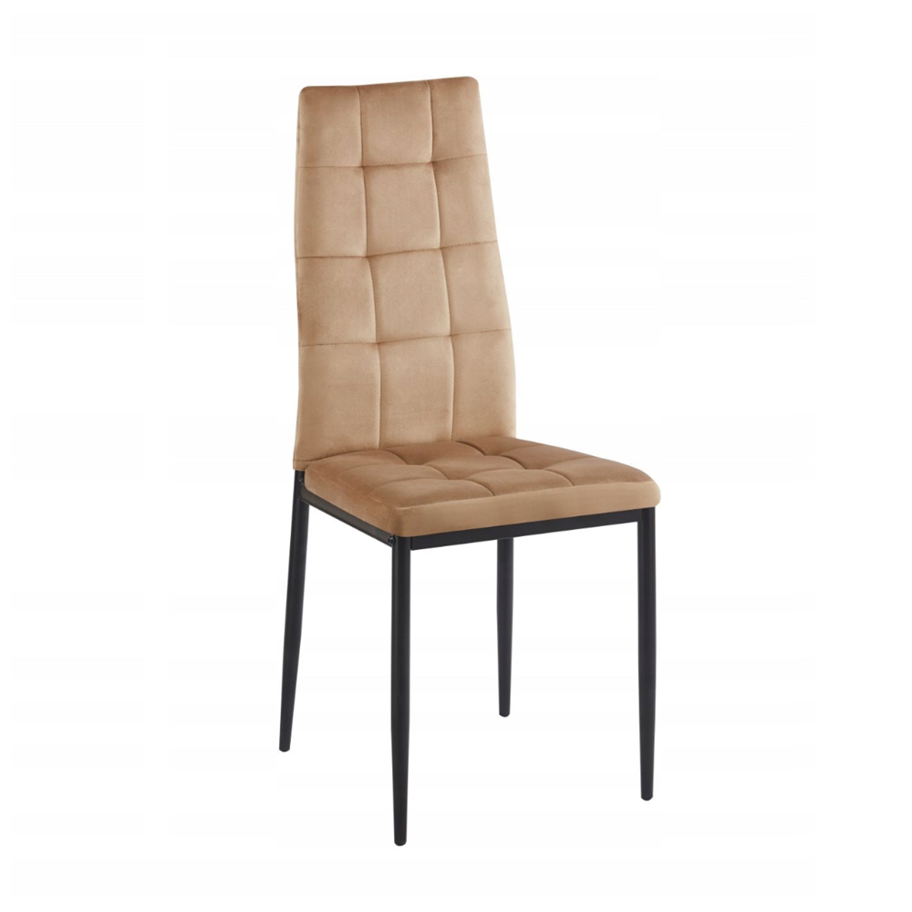 Scaun tapitat din catifea cappucino, design modern, spatar matlasat, picioare metalice negre, pentru living, dining sau birou