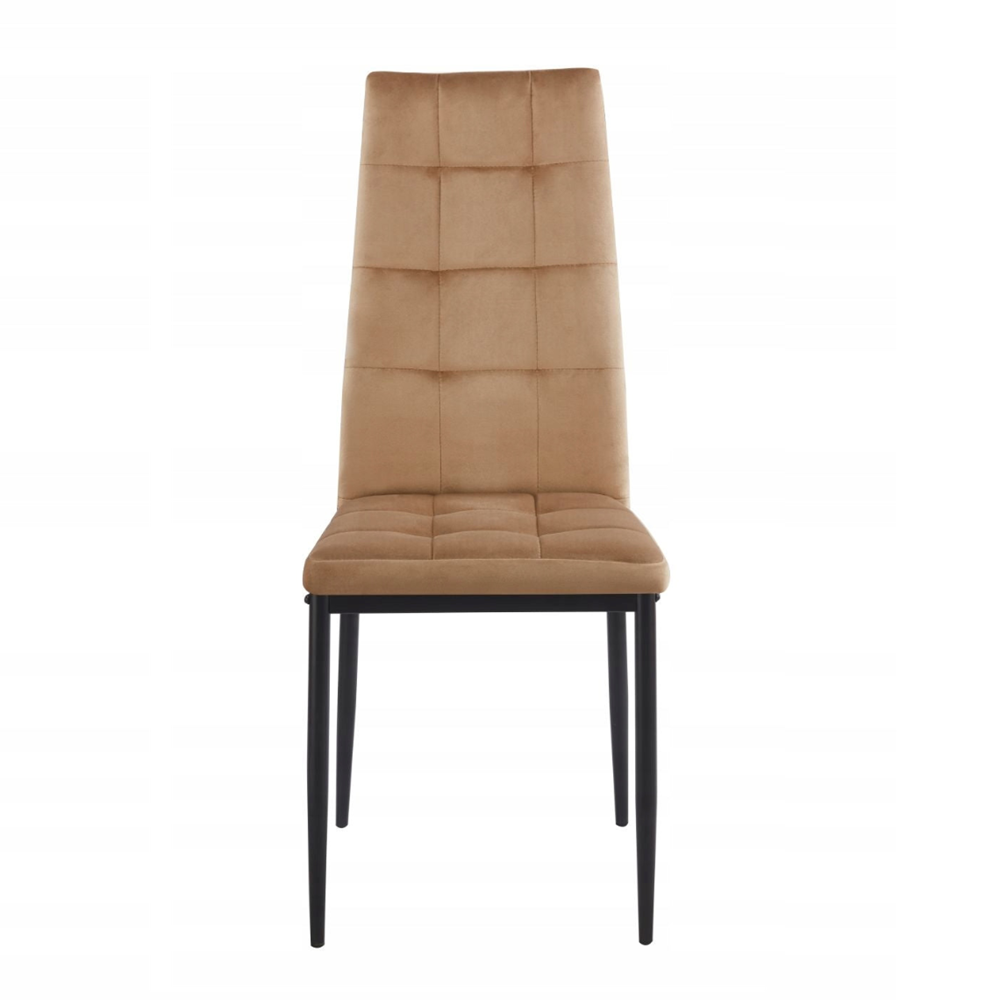 Scaun tapitat din catifea cappucino, design modern, spatar matlasat, picioare metalice negre, pentru living, dining sau birou