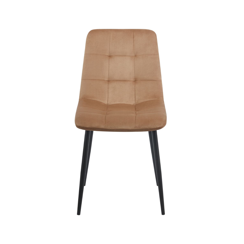 Scaun tapitat din catifea cappucino, spatar matlasat, picioare metalice negre, pentru dining/birou, 87 cm