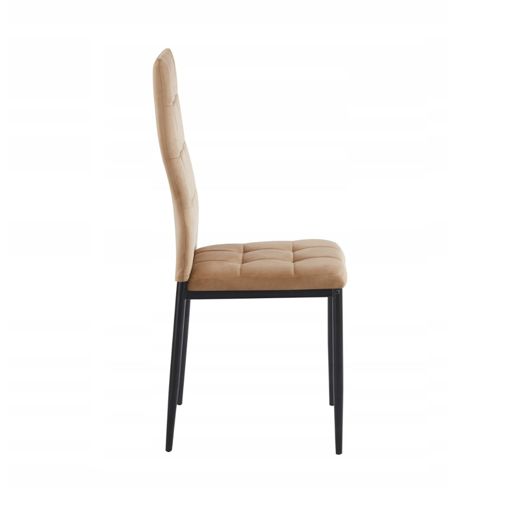 Scaun tapitat din catifea cappucino, design modern, spatar matlasat, picioare metalice negre, pentru living, dining sau birou