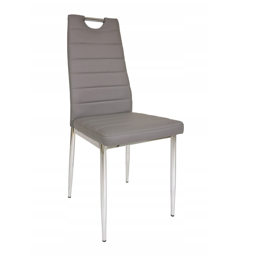Scaun de bucatarie, tapitat cu piele ecologica gri, picioare metalice cromate, cu maner pentru transport, 97 cm