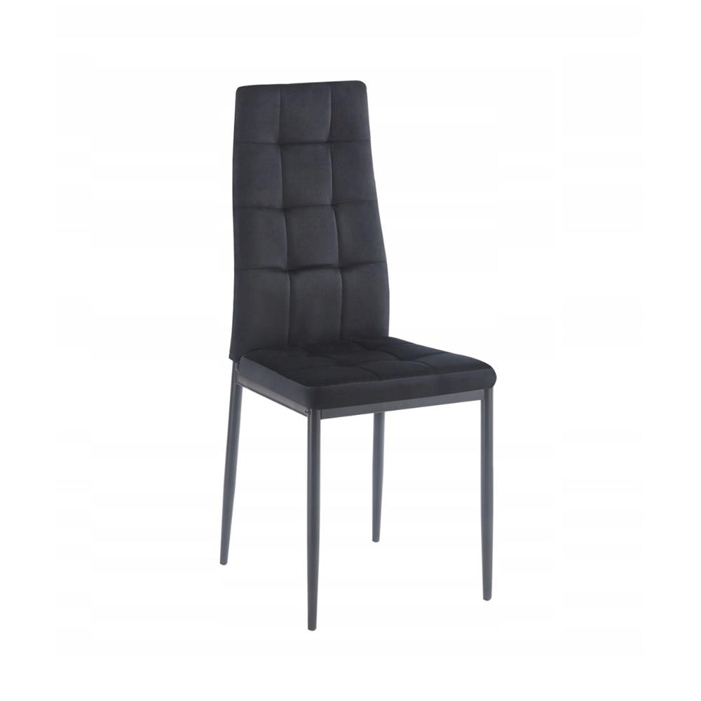 Scaun tapitat din catifea neagra, design modern, spatar matlasat, picioare metalice negre, pentru living, dining sau birou