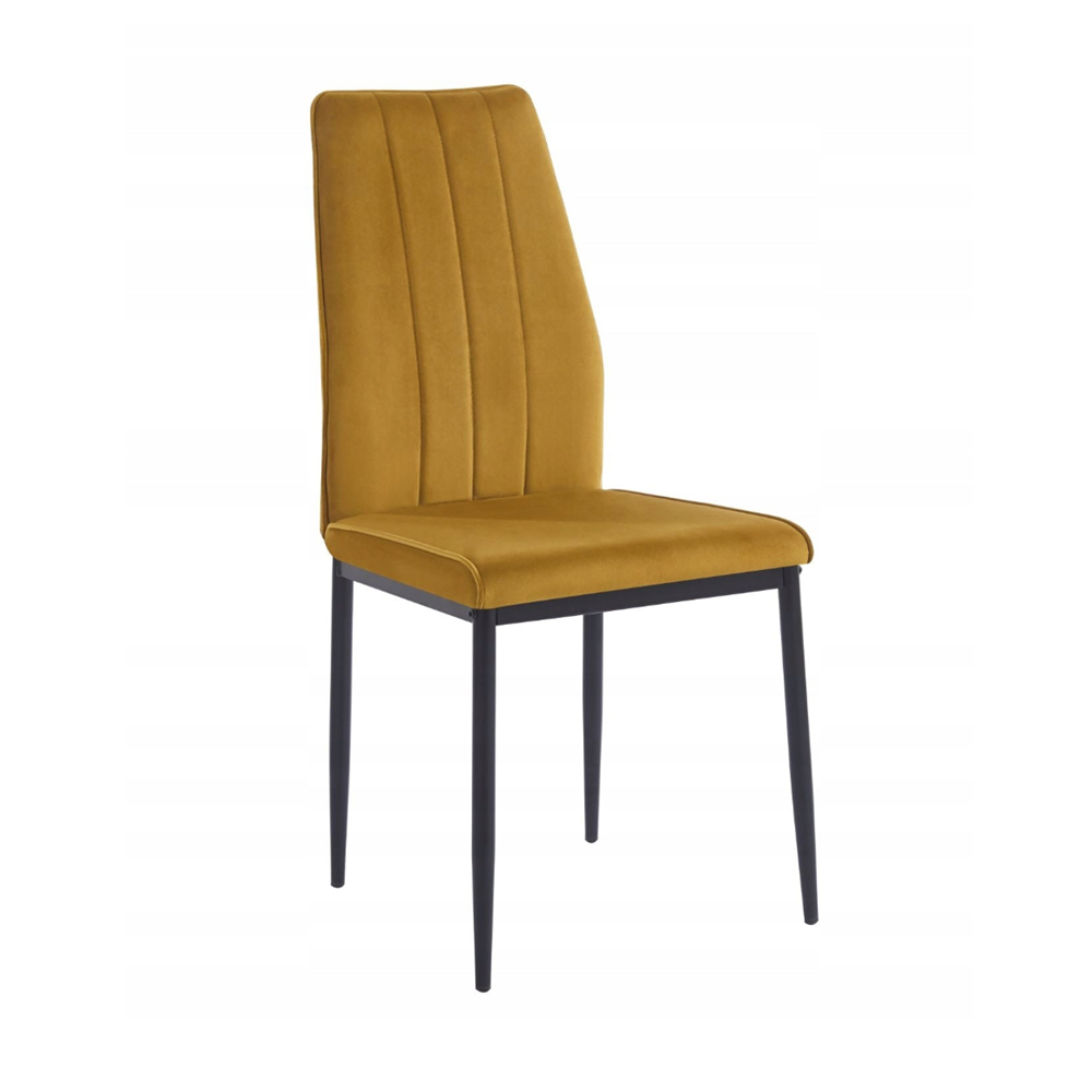 Scaun tapitat din catifea galben/curry, picioare metalice negre, stil Glamour, pentru living/birou, 92 cm