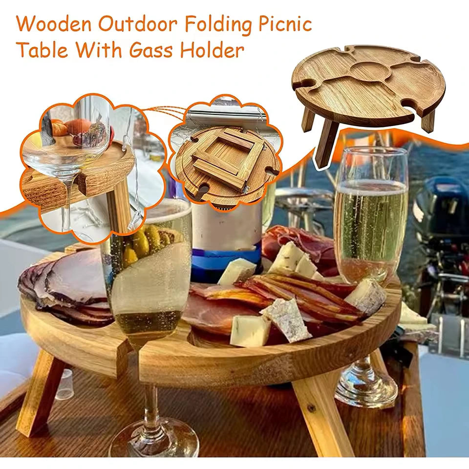 Platou pliabil picnic din lemn cu suport pahare - Φ 24 cm