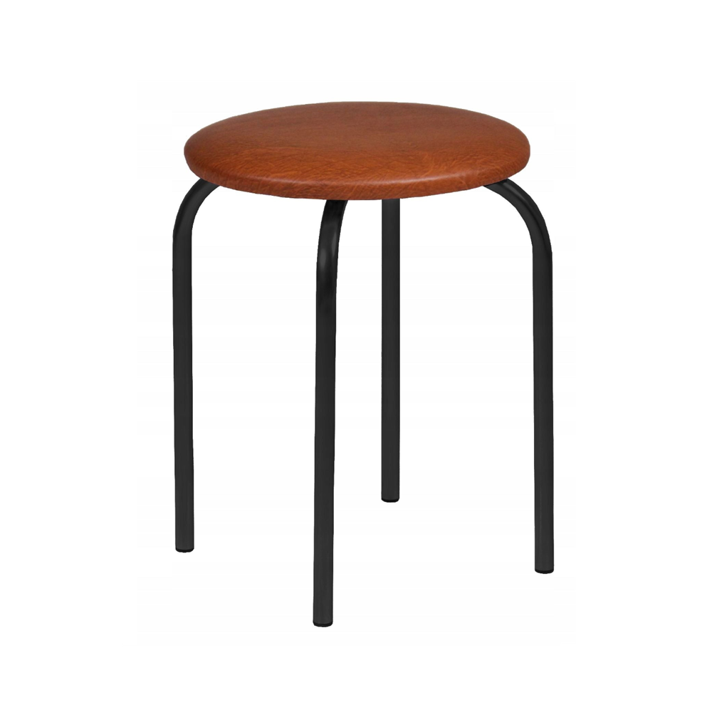 Taburet tapitat cu piele ecologica maro deschis, picioare metalice negre, pentru bucatarie si dining, 49 cm,