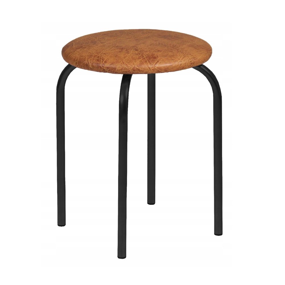 Taburet tapitat cu piele ecologica nuc, picioare metalice negre, pentru bucatarie si dining, 49 cm,